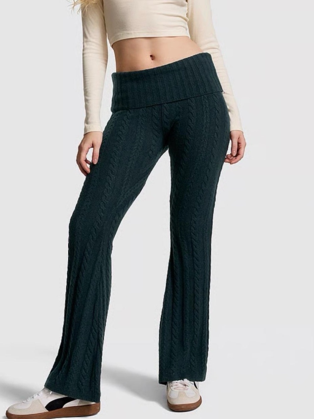 Wide-Leg Cable Knit Pants - Dark Green